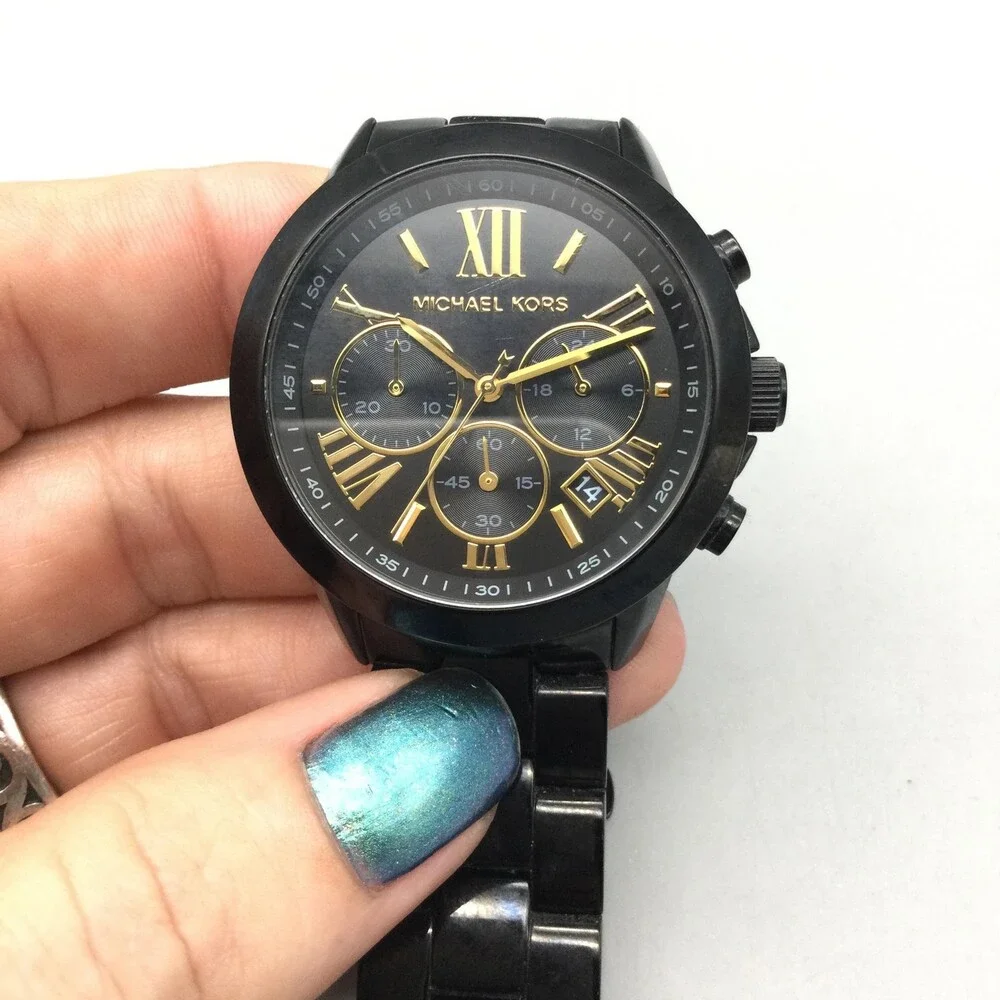 Michael Kors Breken Womens Watch 40mm Black Chronograph MK-6302 New Battery 7.5" - Picture 8 of 15